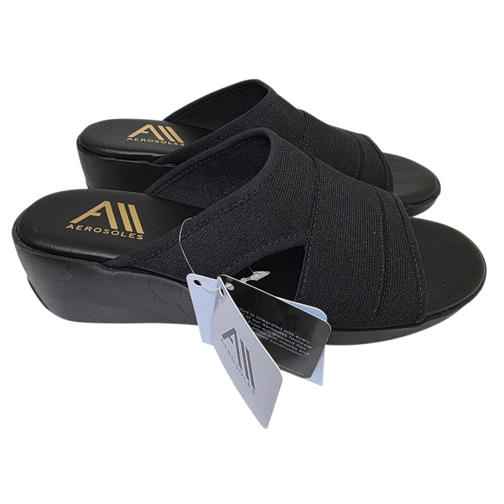 Aerosoles Comfort Slide Sandals Slip On Wedge Heel Women's Size 7 Black Open Toe